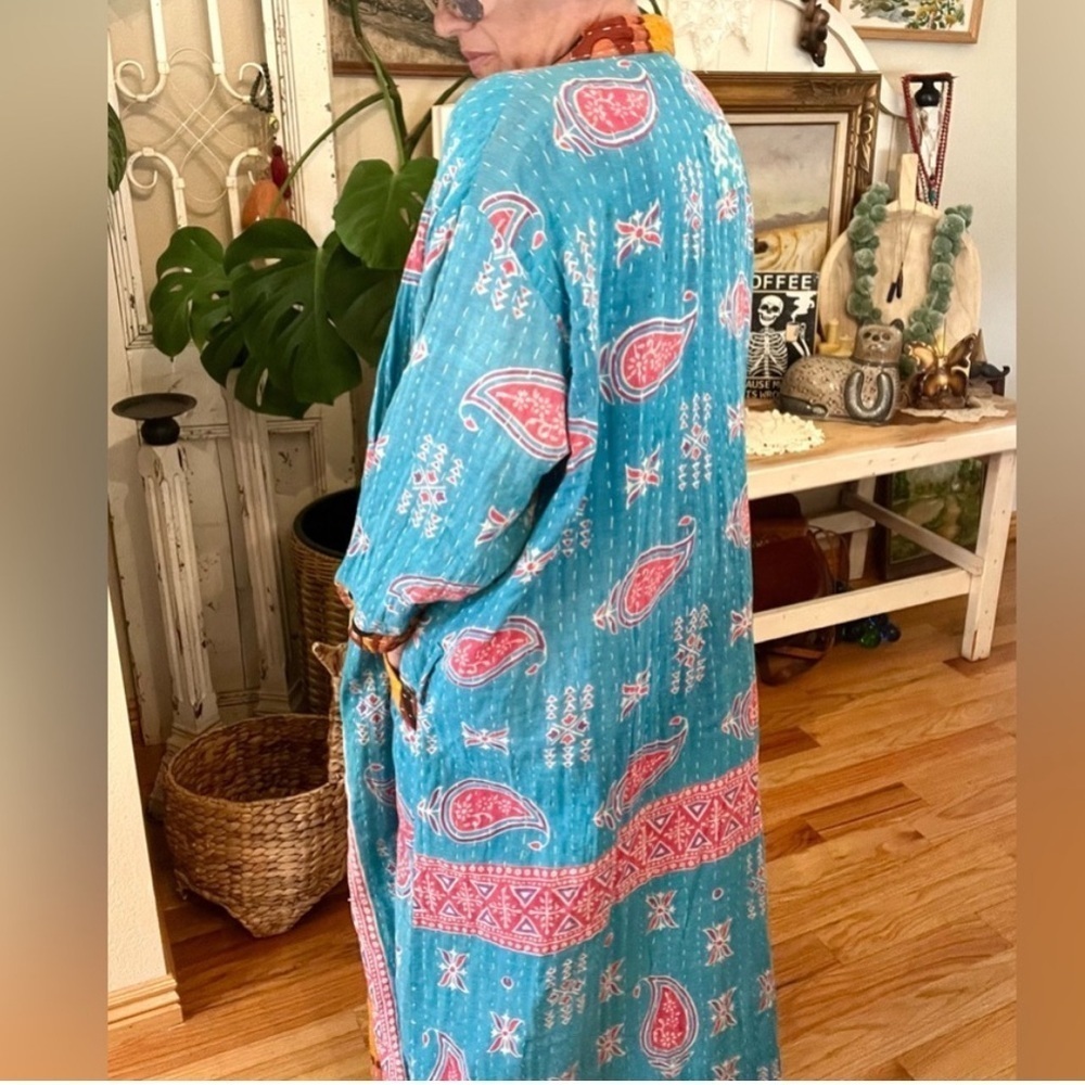 Handmade India Kantha Stitch Cotton Floral Contrast Tie Pockets Duster Cardigan - Picture 6 of 17